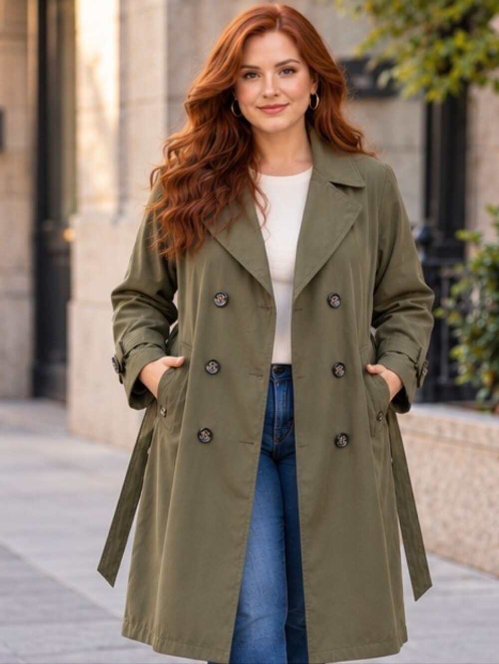 Fleet Street | Olive Double Breasted Trench Coat Zip Out Liner Belted - 8P